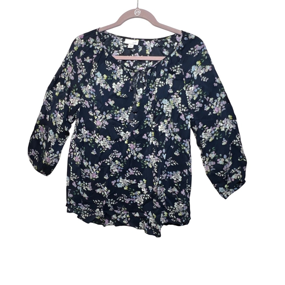 J. Jill Navy Blue Floral Viscose Rayon Tassel Tie Split Neck Blouse XS